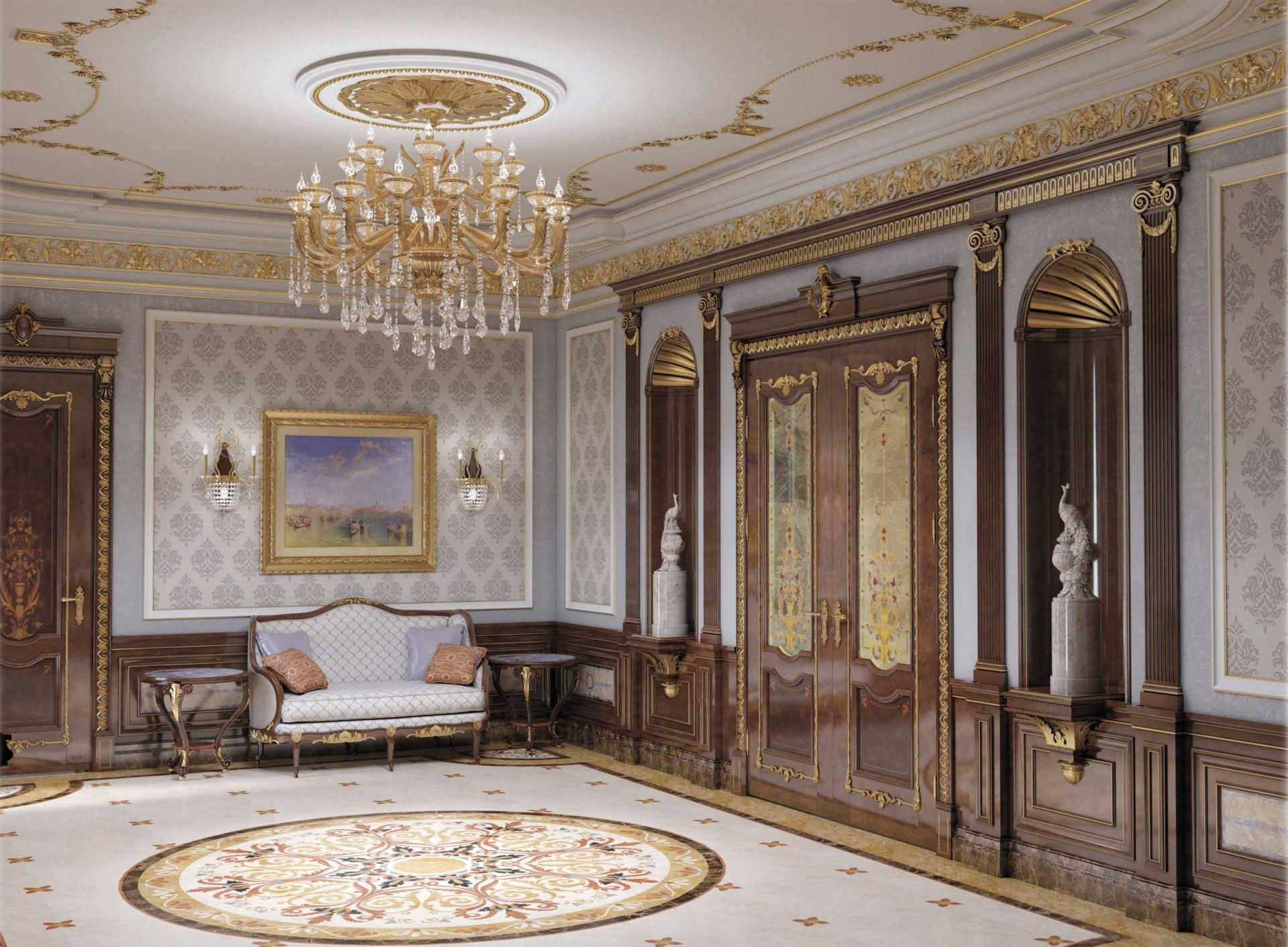 Hall interior design with a marble floor