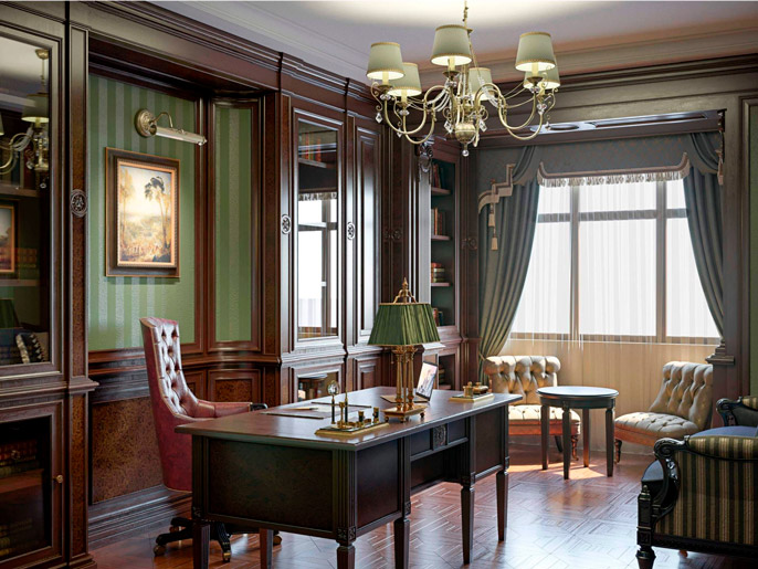 Меблі з натурального дерева. Зелений кабінет в класичному стилі