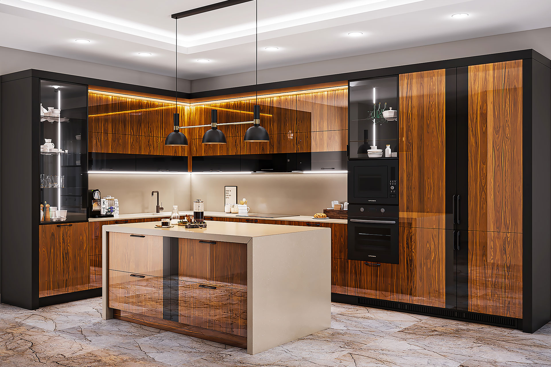 Kitchen with palisander veneered fronts and black stripes