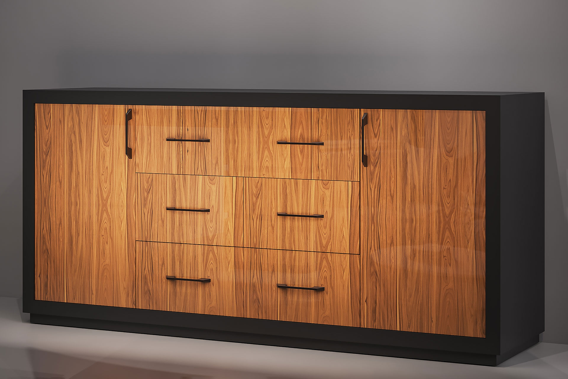 Kitchen chest of drawers with palisander veneered fronts and black stripe