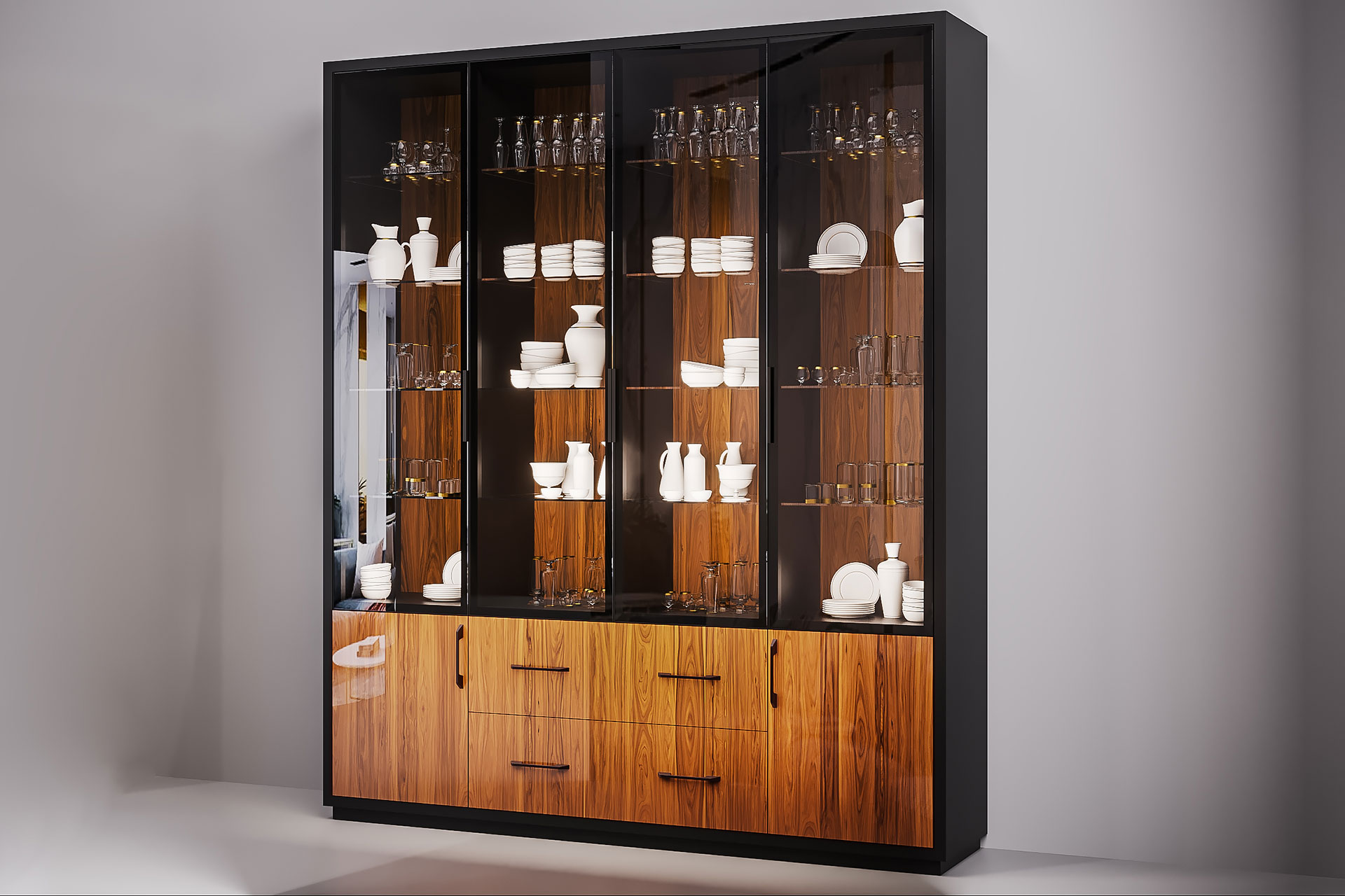 Display cabinet for the kitchen with glass fronts and fronts veneered with palisander and black stripe