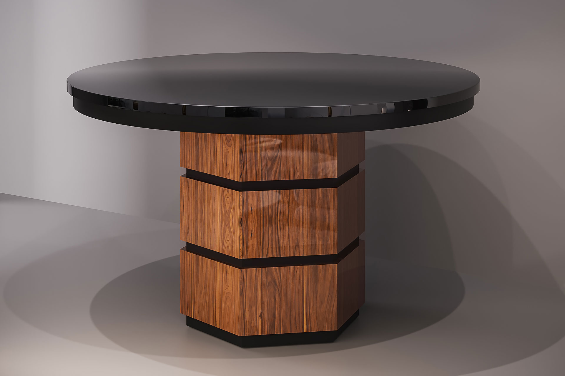 Kitchen dining table with palisander veneered stands and black stripe