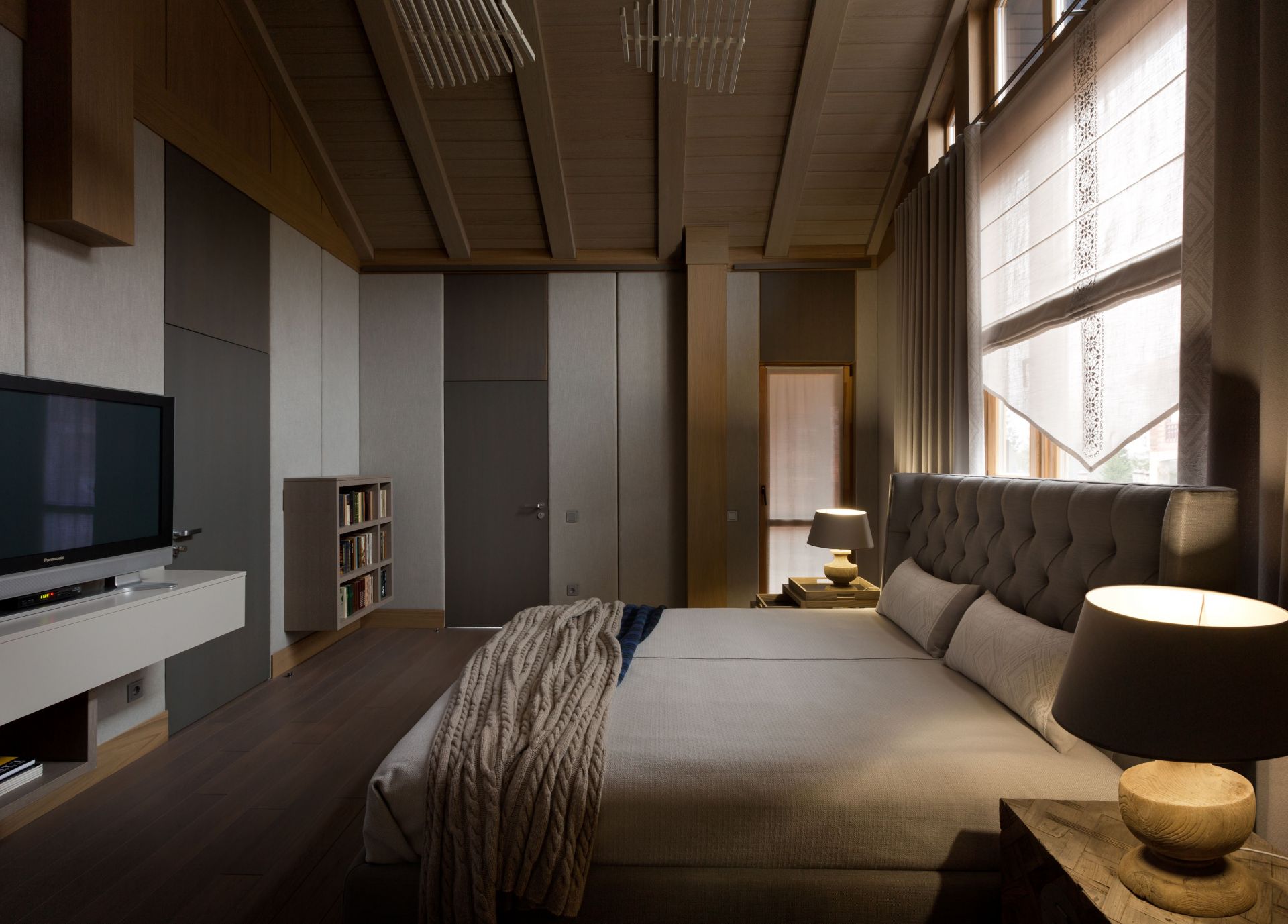 Wood, Modern bedroom with timbered interior