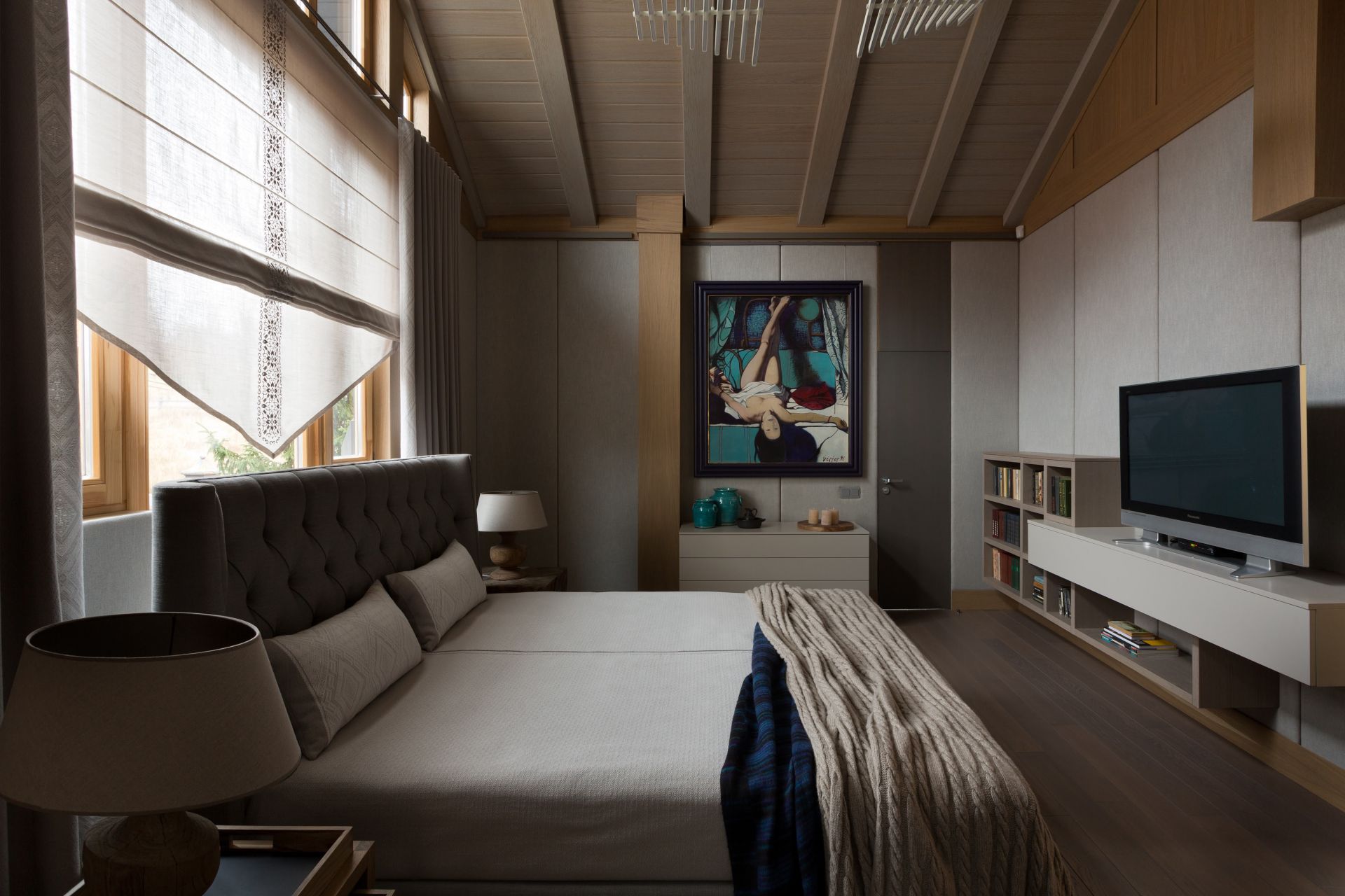 Modern bedroom with timbered interior