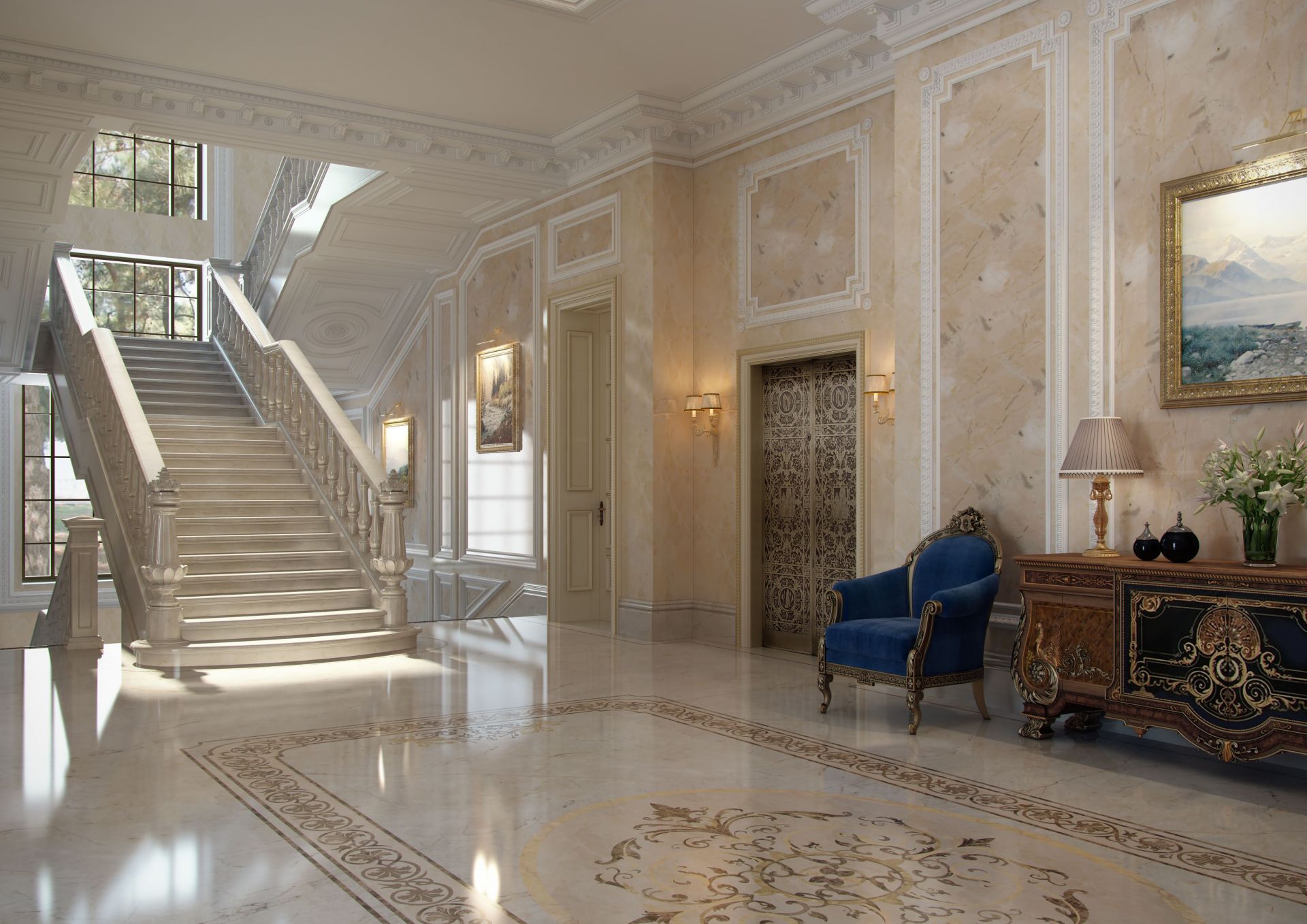 Marble in interior design, hall with staircase