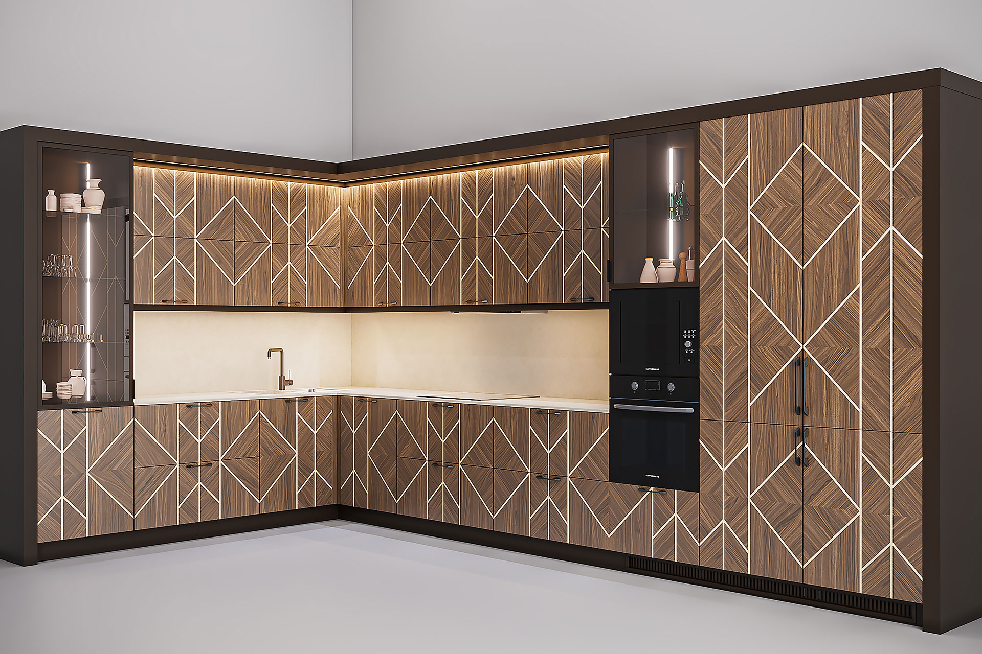 Kitchen with veneered fronts and intarsia