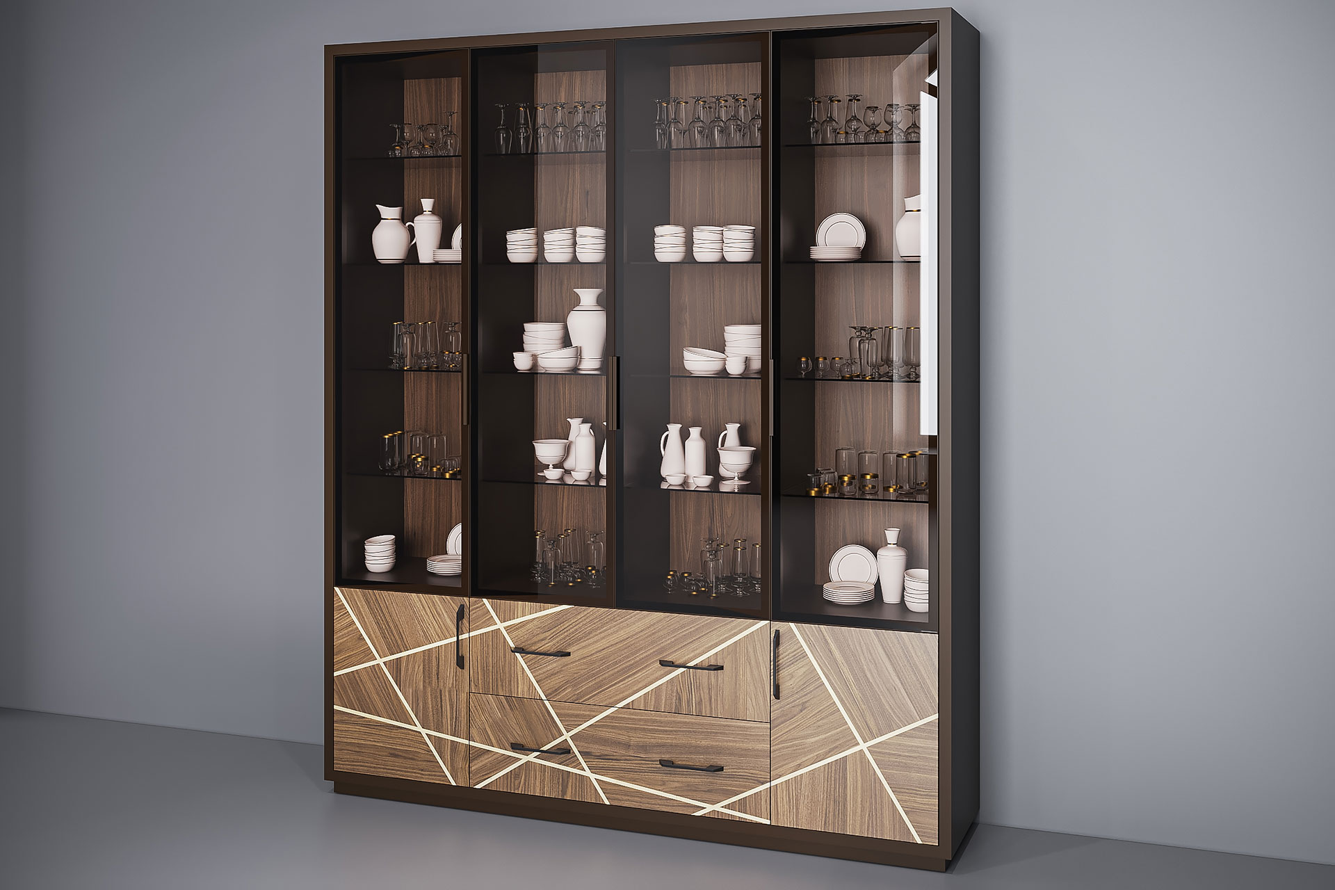 Display cabinet for the kitchen with glass and veneered fronts