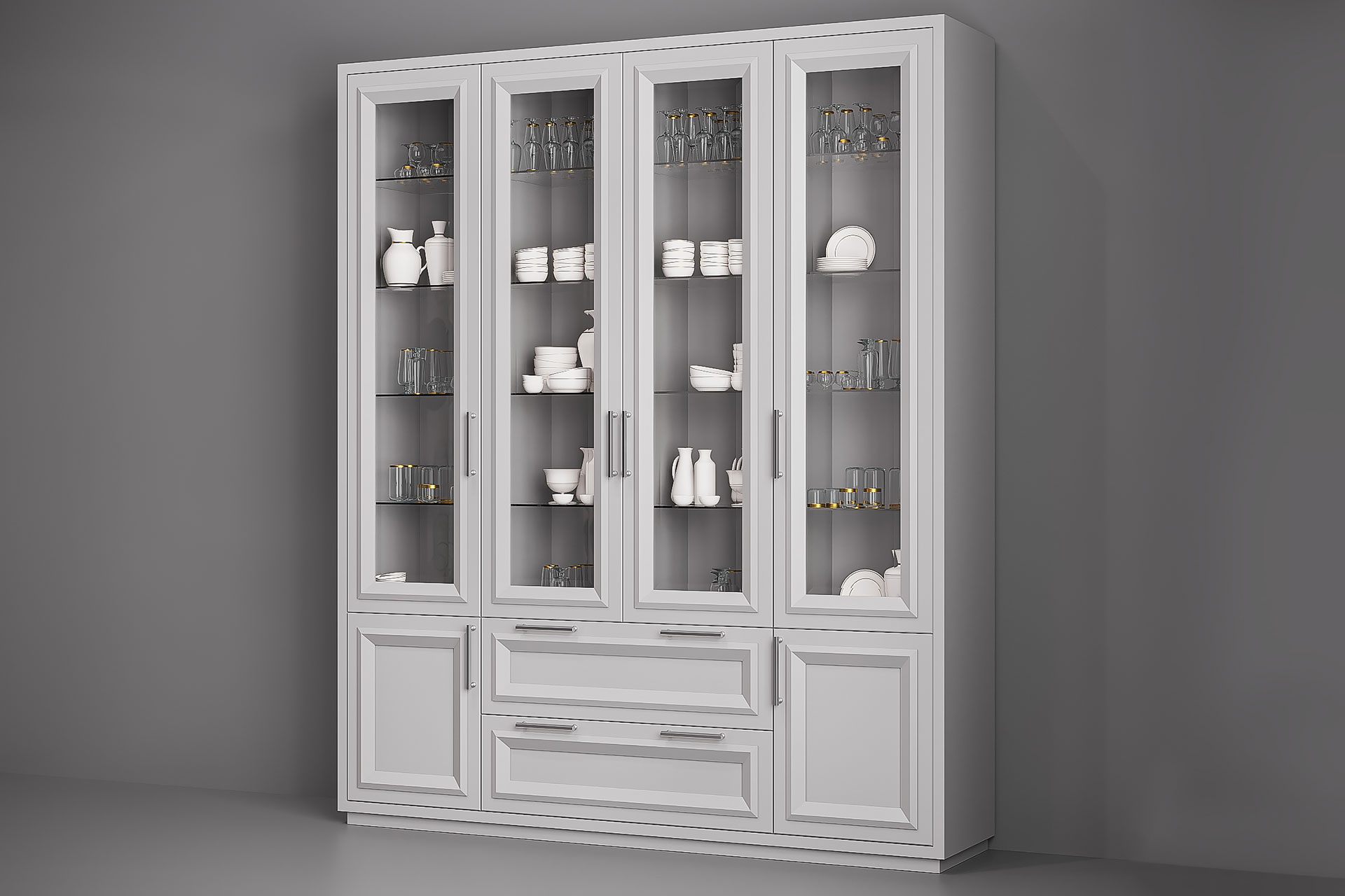 Display cabinet for the kitchen with glass fronts and wooden frames on the fronts