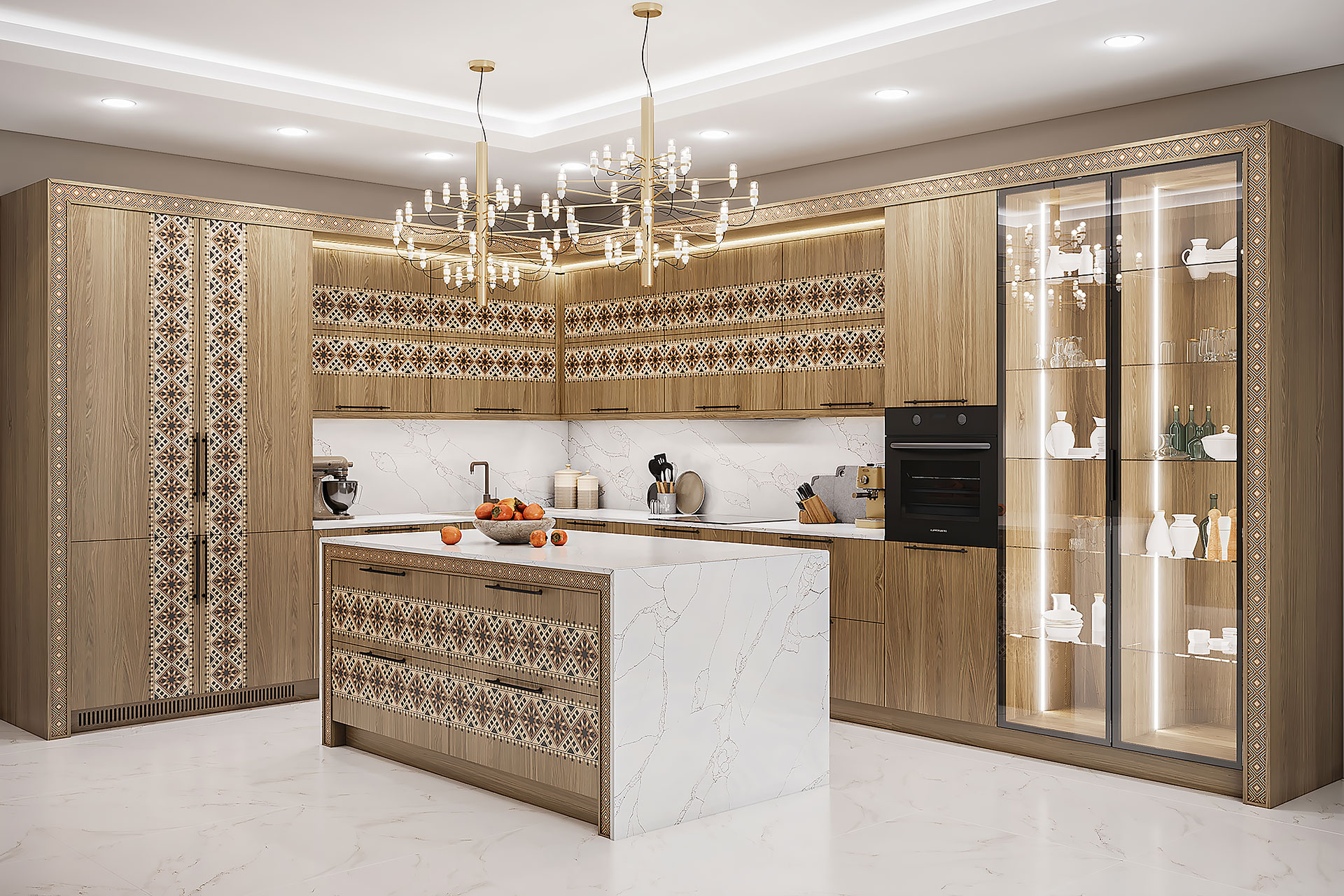 Kitchen with veneer facades with intarsia in the Ukrainian style