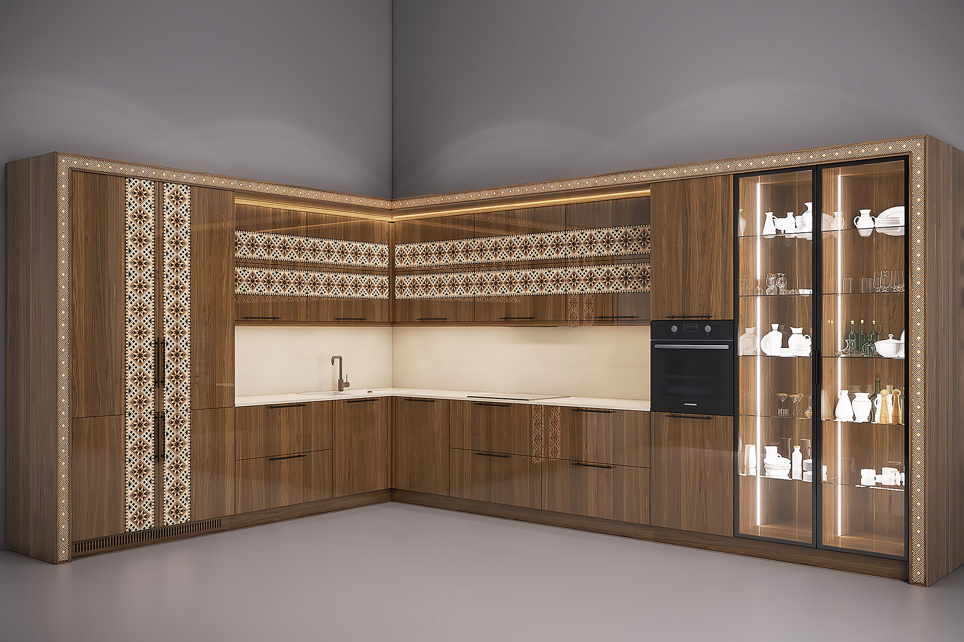 Kitchen with veneer facades with intarsia in the Ukrainian style