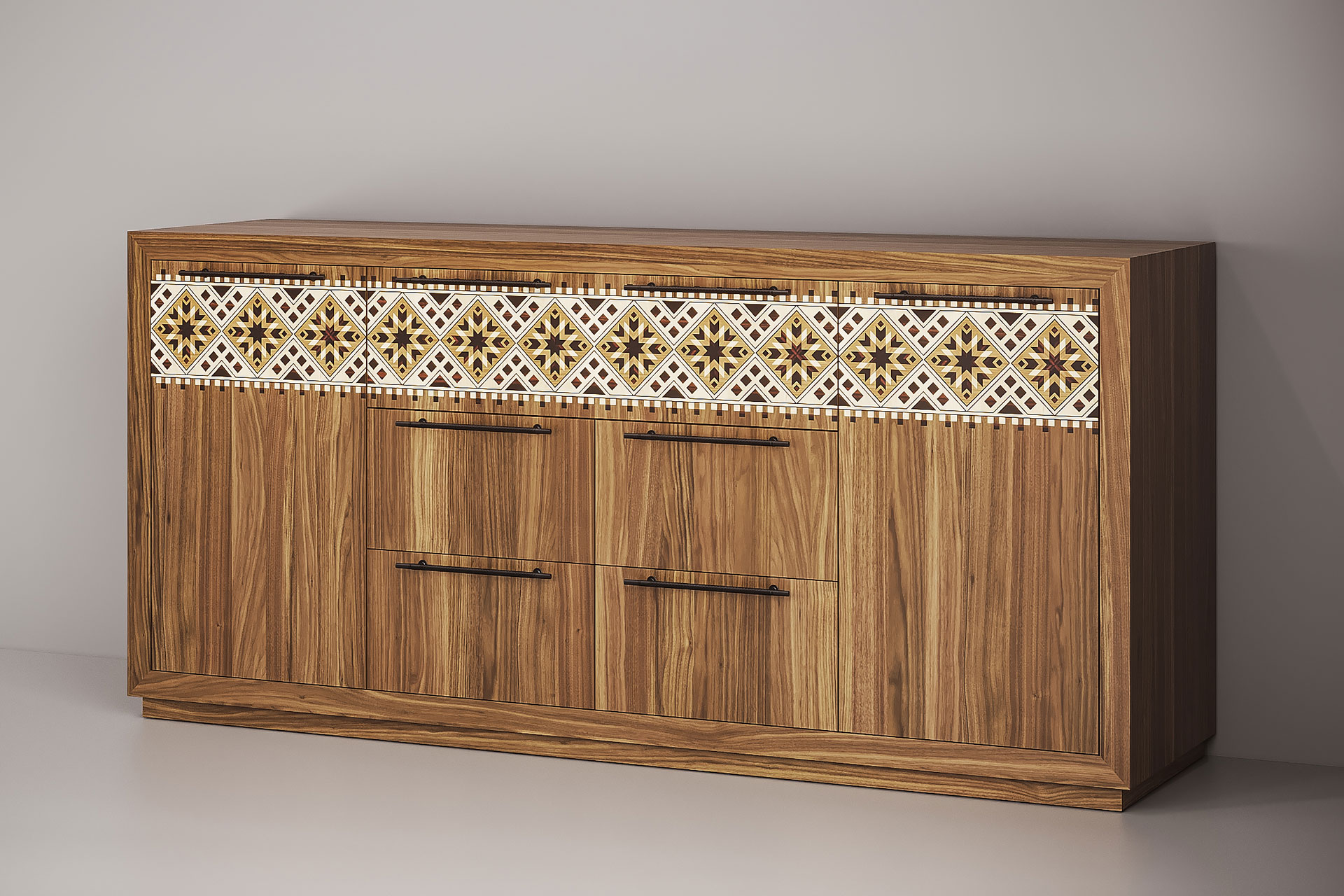 Kitchen chest of drawers with veneered facades with marquetry in the Ukrainian style