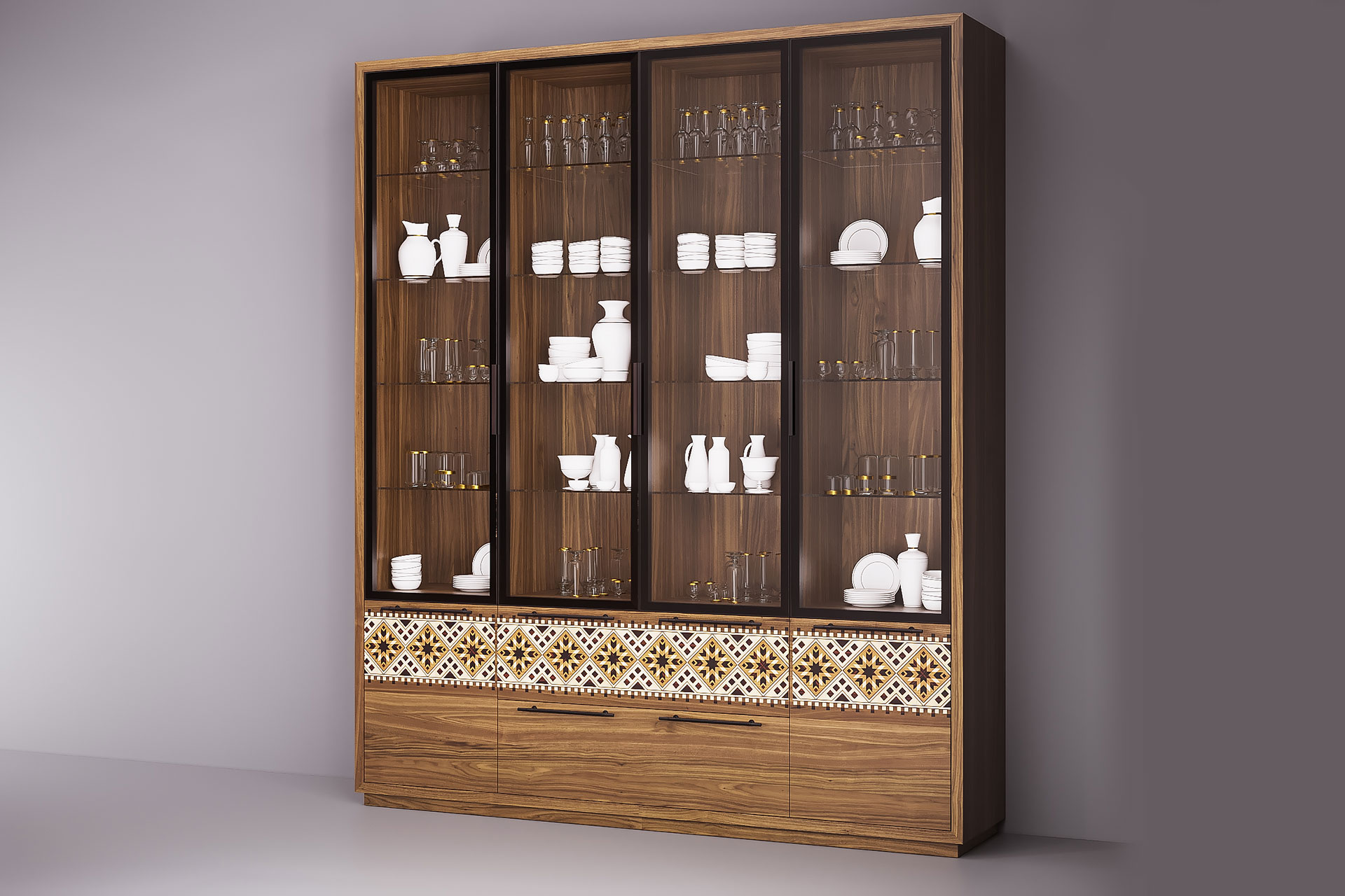 Showcase cabinet for the kitchen with glass fronts and veneered fronts with marquetry in the Ukrainian style