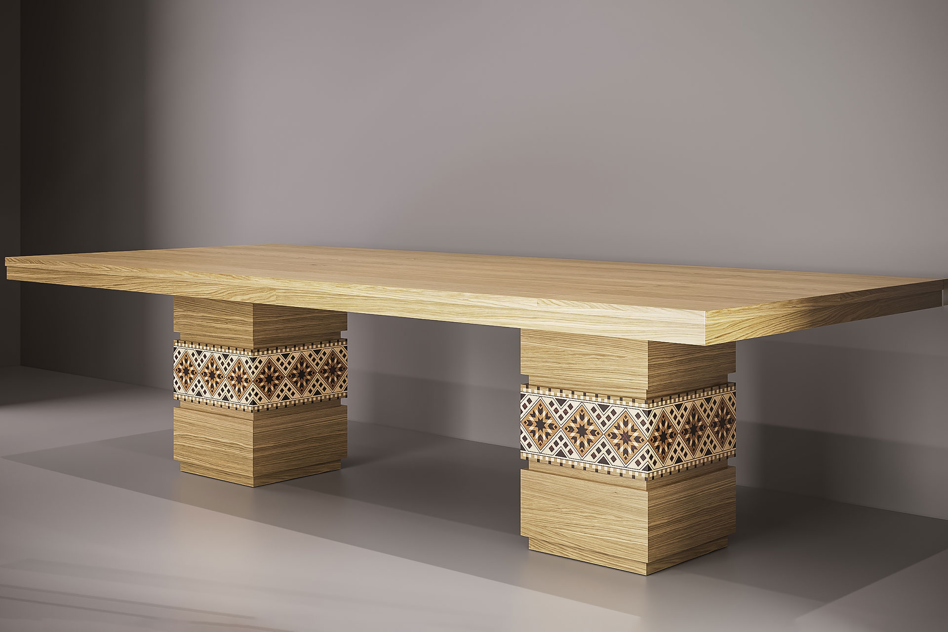 Kitchen dining table with veneered racks with marquetry in the Ukrainian style