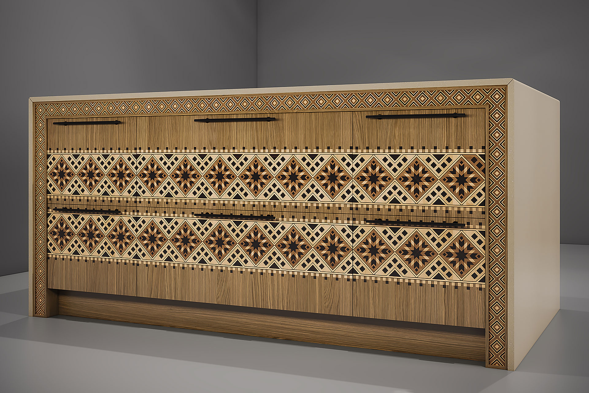 Kitchen island with veneer facades with intarsia in the Ukrainian style